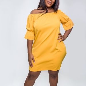 Mustard Off Shoulder Ruffle Sleeve Dress